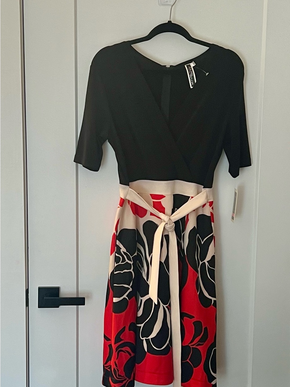 Julian Taylor Black Top Red and Cream Floral Midi Dress